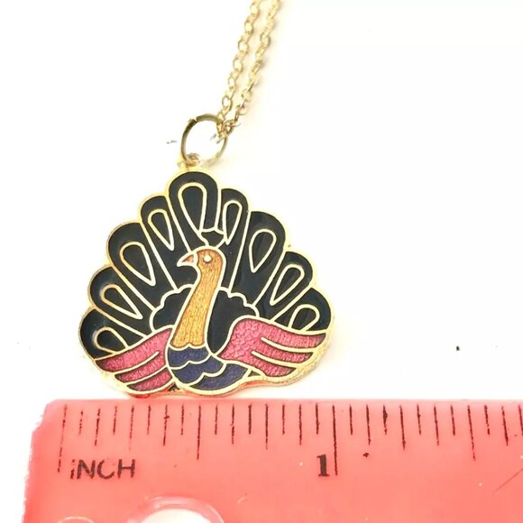 Vintage Cloisonné Peacock Pendant Necklace Enamel Gold Plated Purple Pink Black - Picture 10 of 11